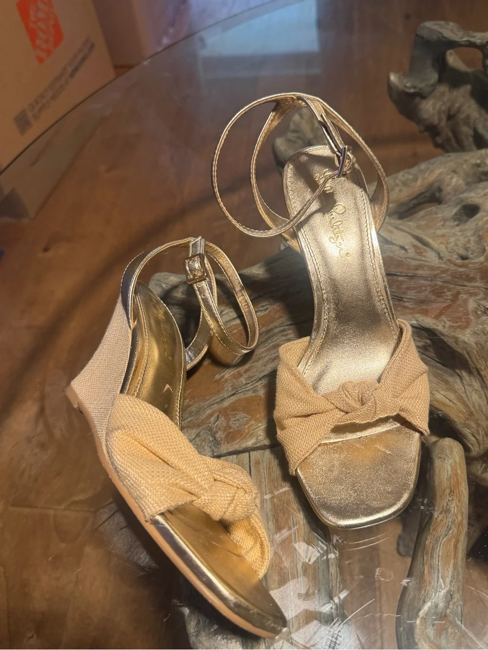 Lilly Pulitzer Gold Metallic & Beige Knotted Wedge Sandals